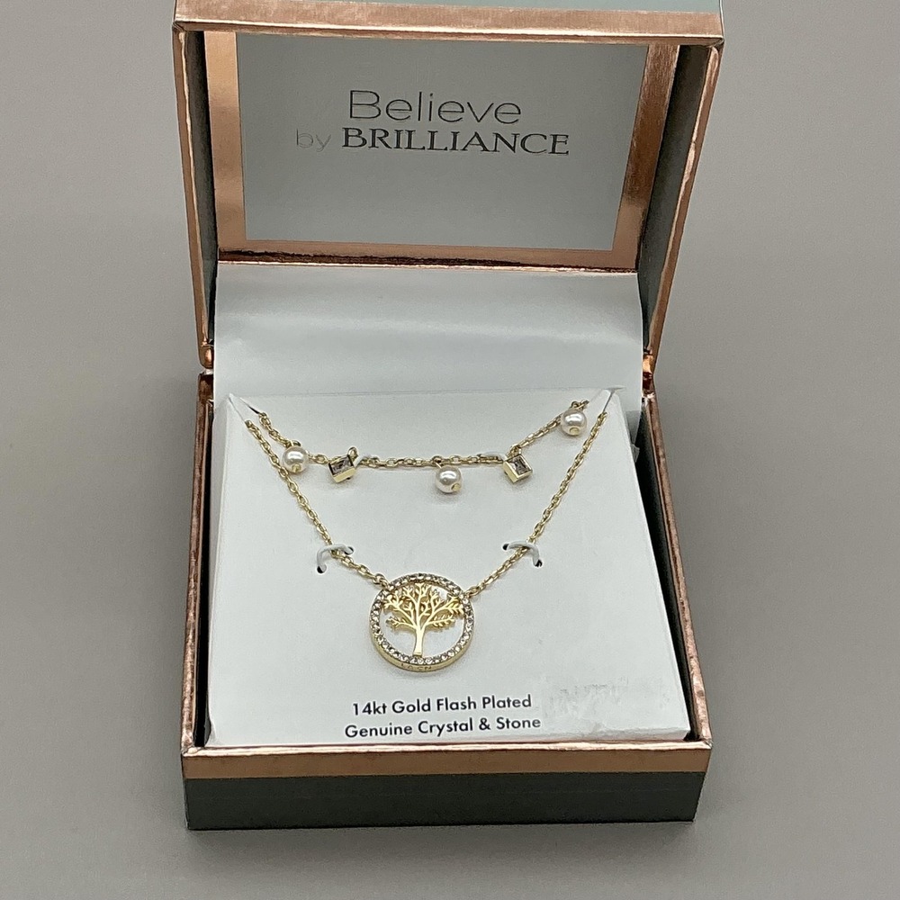 Believe By Brilliance Necklace Gold‎ Tone Tree Of Life Layered Crystal Jewelry